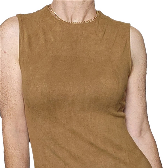 Dress Slim fit Mini shift dress Vegan suede Brown Neutral Stretch fabric CHLOE K - Picture 6 of 15